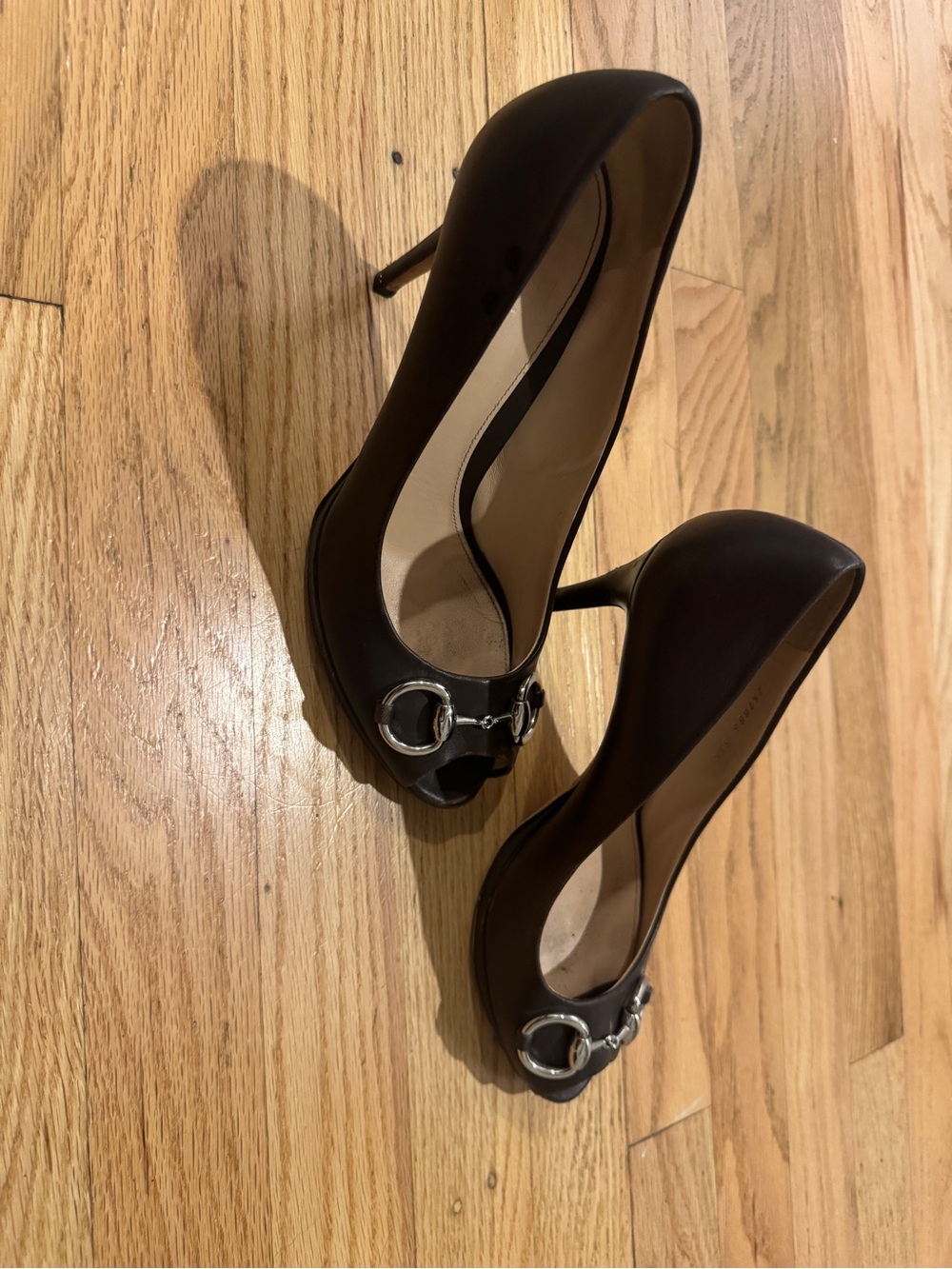 Gucci Dark Brown Leather Horsebit Peep Toe Pumps Heels Size 37.5 / US 7.5 - Picture 2 of 9